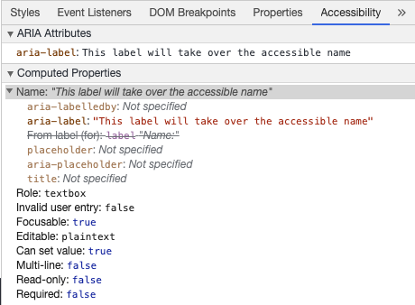 Ferramentas de Programação do Chrome exibindo o nome acessível da entrada do 